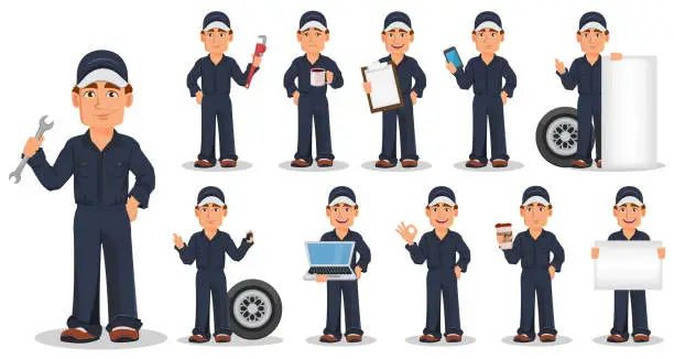 Vector illustration of Professional auto mechanic in uniform, set