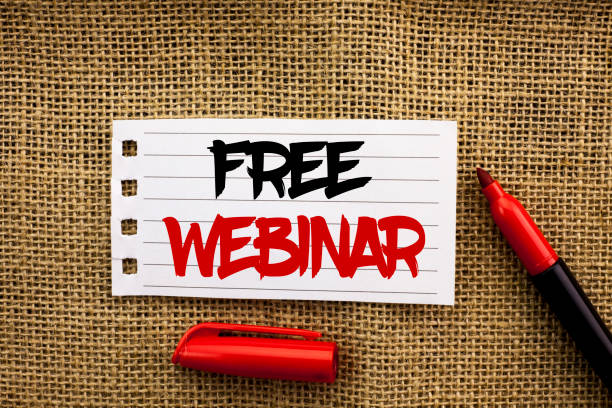 istock Word writing text Free Webinar. Business concept for Conference Training Knowledge Seminar Collaboration Presenting written on Notebook Paper on the jute background with marker next to it. 945340342