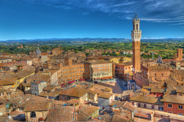 View of Sienna main square from Tower Facciatone Sienna main square (Piazza del Campo)  viewed from top of Tower Facciatone, Sienna, Italy siena italy stock pictures, royalty-free photos & images