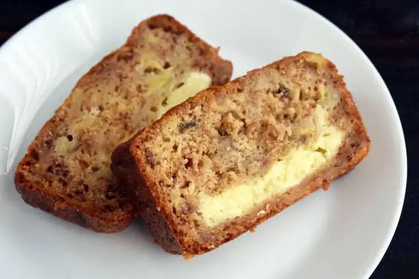 Sliced banana bread with cream cheese filling