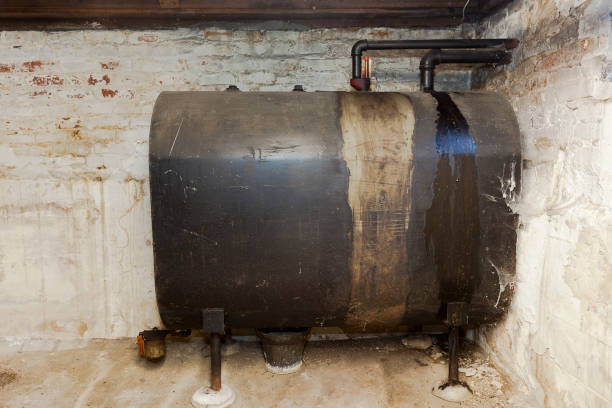 Basement Heating Oil Tank Old heating oil tank in dingy dank basement. heating oil photos stock pictures, royalty-free photos & images