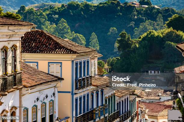 Facade Of Some Old Houses Built In Colonial Architecture Stock Photo - Download Image Now