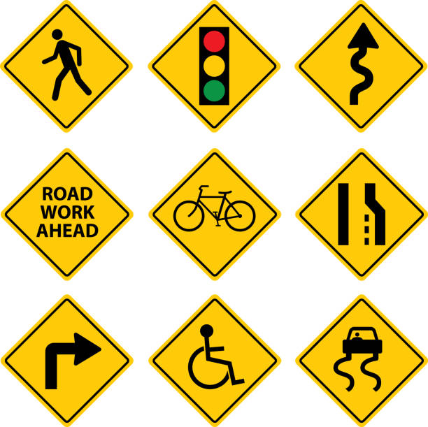 dziewięć znaków drogowych - znak drogowy stock illustrations