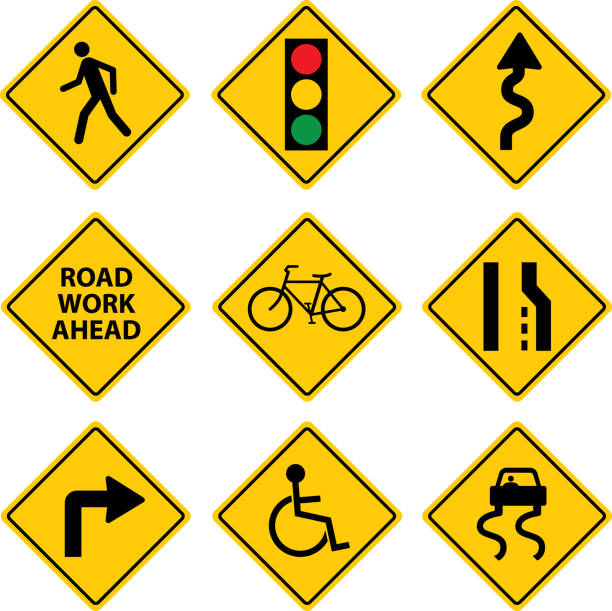 ilustrações de stock, clip art, desenhos animados e ícones de nine road signs - skidding bend danger curve