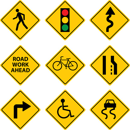 Vector illustration of nine different road signs.