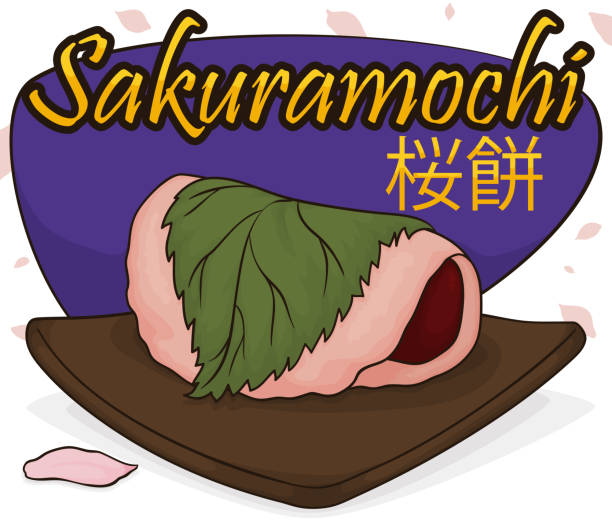 Sakuramochi over Wooden Plate, Sign and Petals Shower for Hanami Traditional Sakuramochi (written in Japanese) in Tokyo-style with a sweet center of anko and wrapped with a traditional cherry leaf over wooden plate,sign and petals shower for Hanami Festival. mochi cherry blossom cake stock illustrations