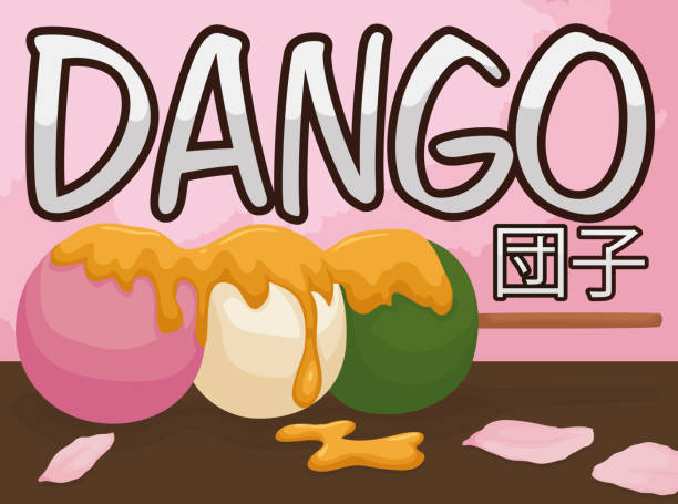 köstliche dango knödel bedeckt mit sirup und kirschrote blüten - hannah stock-grafiken, -clipart, -cartoons und -symbole