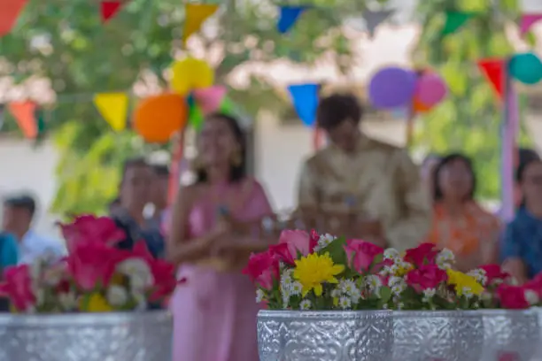Photo of Flowers  in the water bowl, Songkran Festival of Thailand.