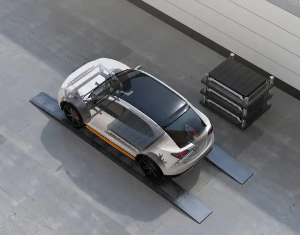 Electric SUV car exchange battery in battery swapping station. Fast battery exchange solution.  3D rendering image.