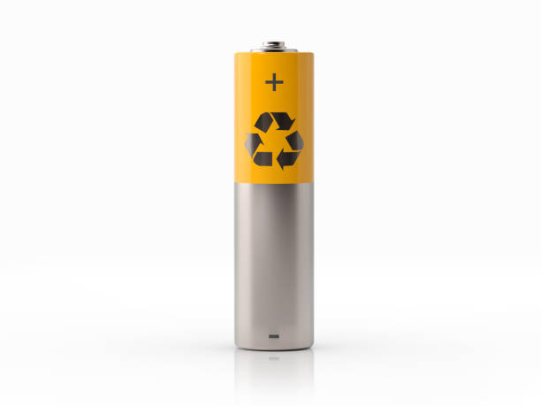 AA size yellow and silver colored battery with a recycle symbol on white background. Horizontal composition with copy space.
