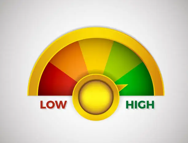 Vector illustration of Low to High meter rate with colors from red to green. Vector illustration design from worst to best gauges