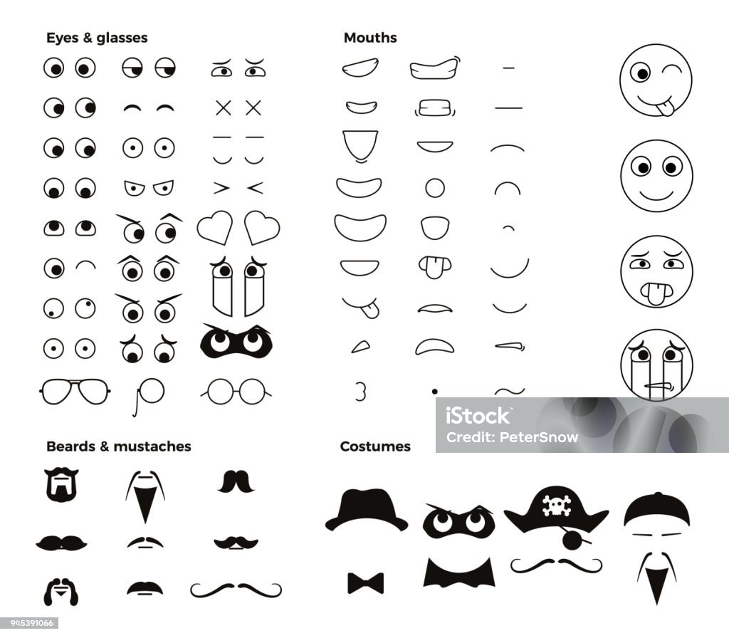 Make your own character emoji emoticon smiley. Vector elements to create thousands of facial expressions with dozens of eyes, mouths, facial hair and costumes. vector eps10 Editor stock vector