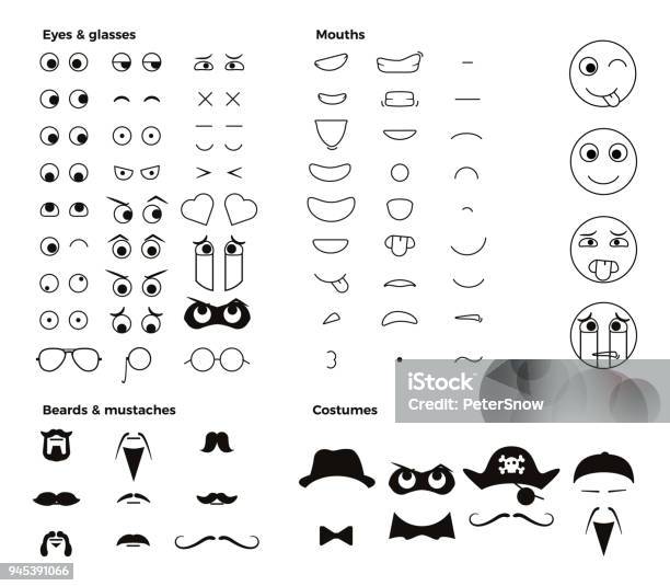 Make Your Own Character Emoji Emoticon Smiley Vector Elements To Create Thousands Of Facial Expressions With Dozens Of Eyes Mouths Facial Hair And Costumes Stock Illustration - Download Image Now