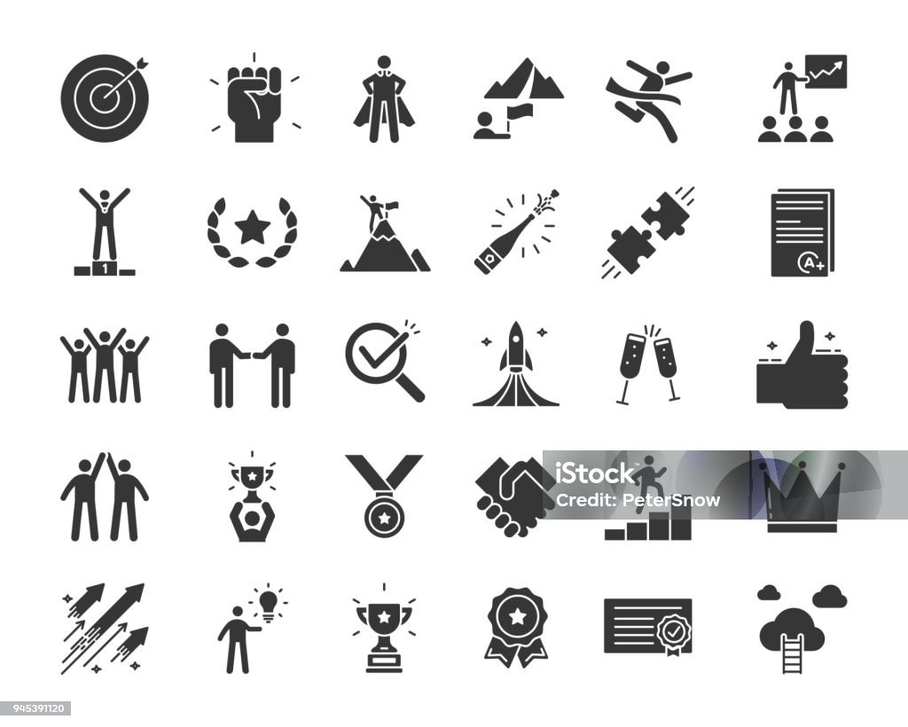 Icons related with success, motivation, willpower, leadership, determination, effectiveness and growth. Vector pictogram thematic set in glyph style. Objects and dynamic character actions vector eps10 Icon Symbol stock vector