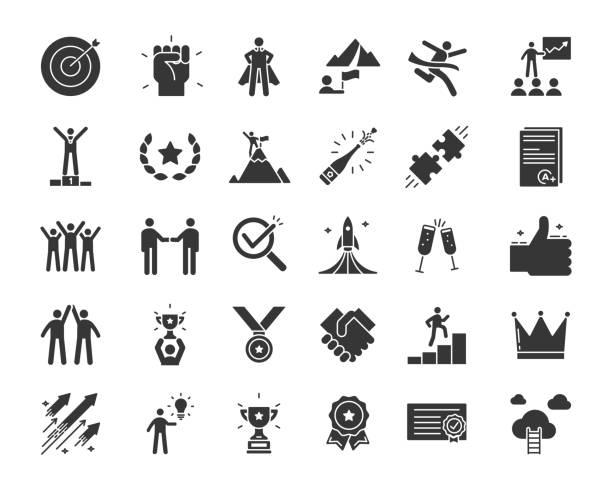 Icons related with success, motivation, willpower, leadership, determination, effectiveness and growth. Vector pictogram thematic set in glyph style. Objects and dynamic character actions vector eps10 motivation stock illustrations