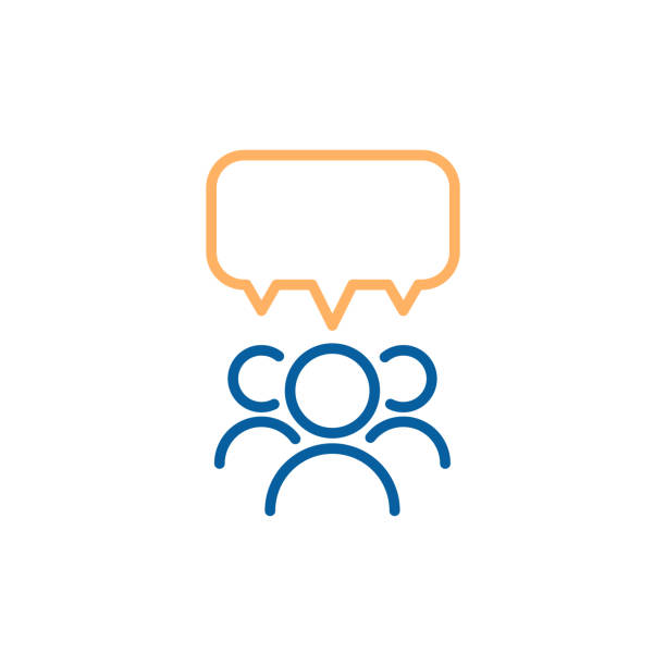 ilustrações de stock, clip art, desenhos animados e ícones de team group of people speaking and debating with a speech bubble. vector thin line icon design illustration. - three people