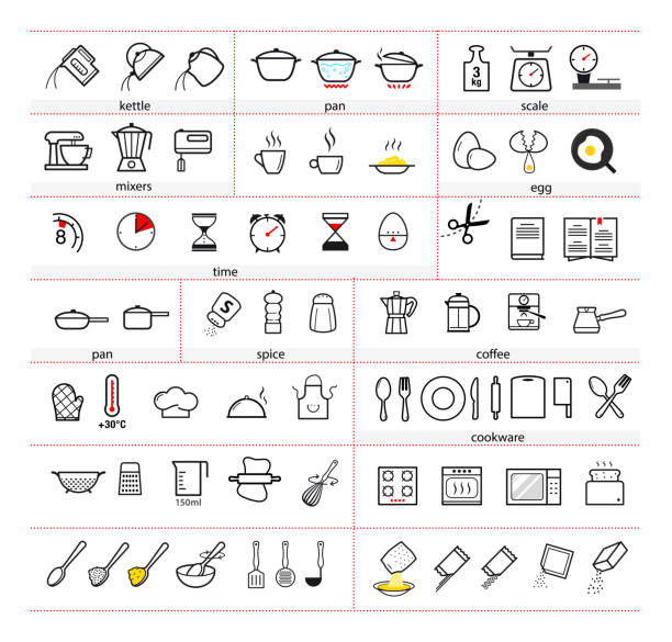 Cooking and preparation instructions. Set of sign for detailed guideline. Vector elements on a white background. Ready for your design. EPS10. kitchen symbols stock illustrations