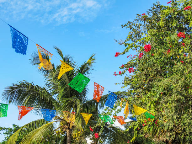 istock Colorful flags fly over palm trees in Mayan Riviera, Mexico 945394458