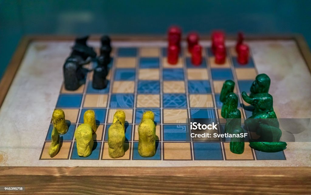 Antique Chaturanga Game Board With Pieces Stock Photo - Download