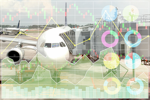 Business marketing data shown profit and success in travel and transportation business investment with index and graph of stock market data background.
