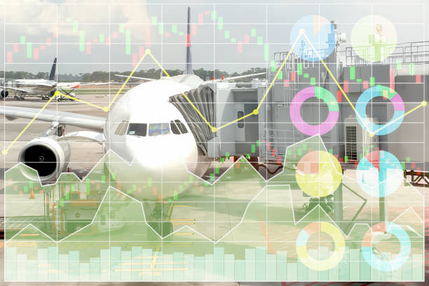 Business marketing data shown profit and success in travel and transportation business investment with index and graph of stock market data background. stock photo