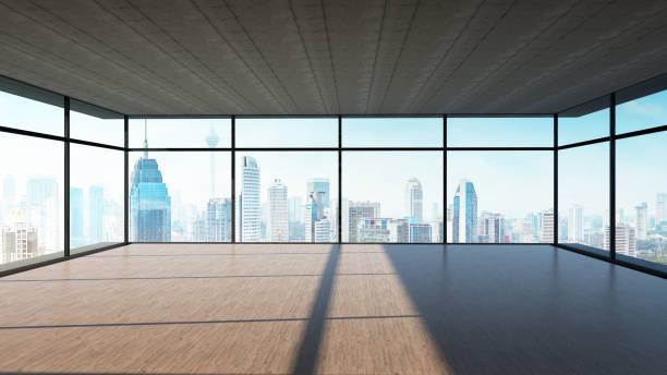 istock Perspective view of empty wood floor and cement ceiling interior 945402608
