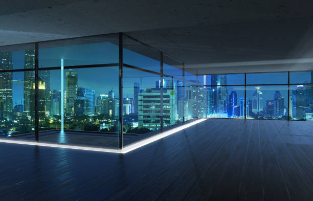 istock Perspective view of empty wood floor and cement ceiling interior 945405036