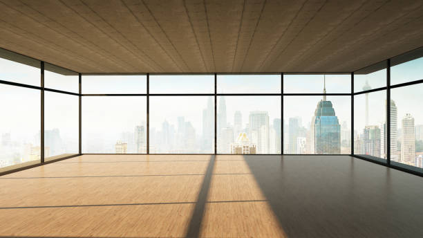 istock Perspective view of empty wood floor and cement ceiling interior 945405324