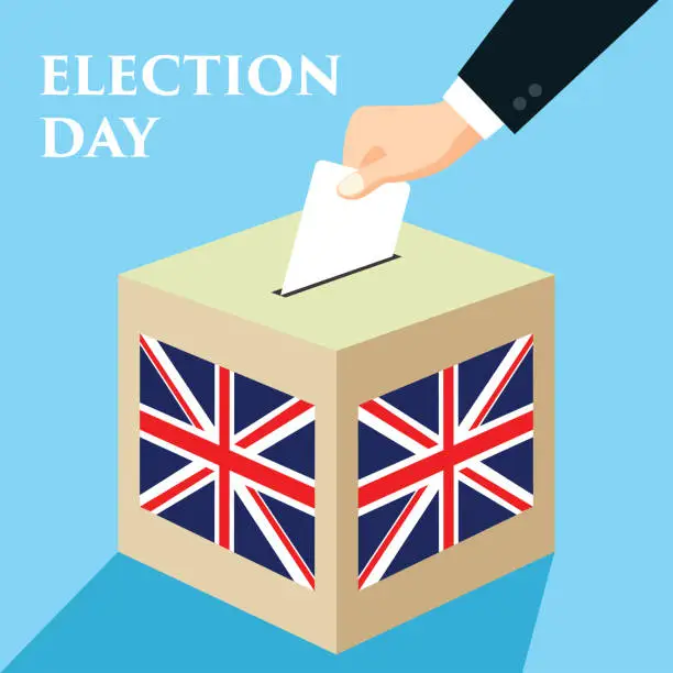 Vector illustration of Election day in United Kingdom. hand holding envelope above vote ballot