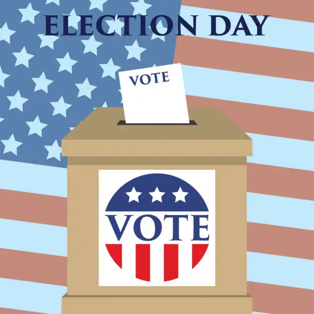 Vector illustration of Election day in United States of America with USA flags in background. hand holding envelope above vote ballot. USA flags in background