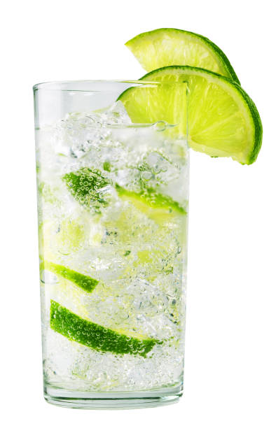 Glass of cold lemonade with ice stock photo