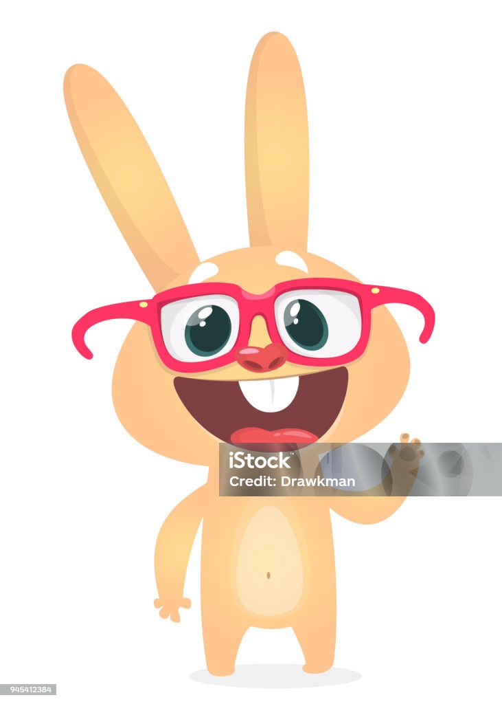 Cute Cartoon Rabbit Wearing Big Eyeglasses Waving Hand Vector Illustration  Of Smart And Silly Bunny Stock Illustration - Download Image Now - iStock
