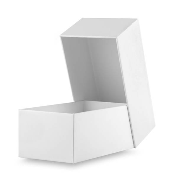 istock Open white carton box shot at an angle 945415622