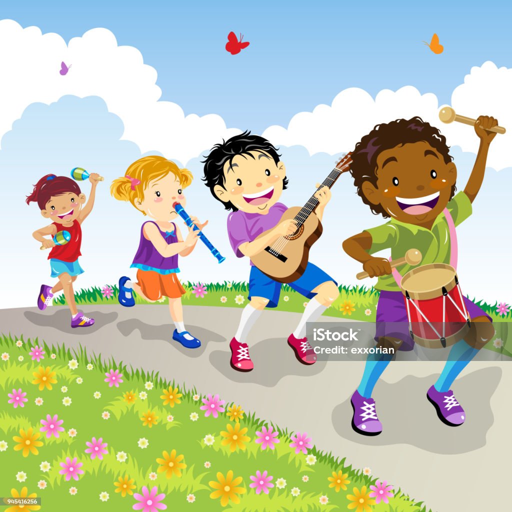 Kids Marching Multi-ethnic children playing their instrument and marching. Child stock vector