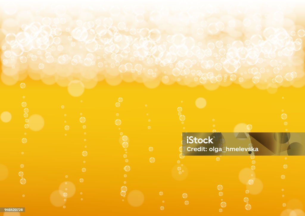 Beer background with realistic bubbles Beer background with realistic bubbles. Cool beverage for restaurant menu design, banners and flyers. Yellow horizontal beer background with white frothy foam. Cold pint of golden lager or ale. Beer - Alcohol stock vector