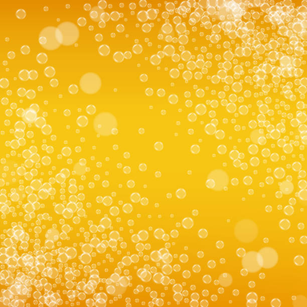 Beer background with realistic bubbles Beer background with realistic bubbles. Cool liquid drink for pub and bar menu design, banners and flyers. Yellow square beer background with white frothy foam. Cold pint of golden lager or ale. background of a cheers beer mugs stock illustrations