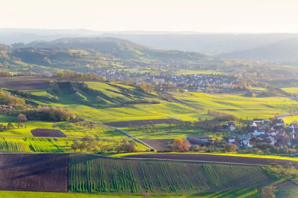 high angle view around a hill named Einkorn near Schwaebisch Hall in the evening at autumn time