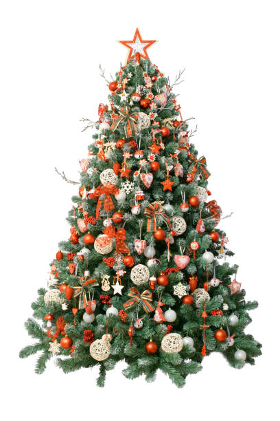 istock Modern christmas tree isolated on white background, decorated with vintage ornaments; ratan balls, burlap and tartan ribbons, wooden snowflakes,     red berries and balls, red/white jingle bells 945428354
