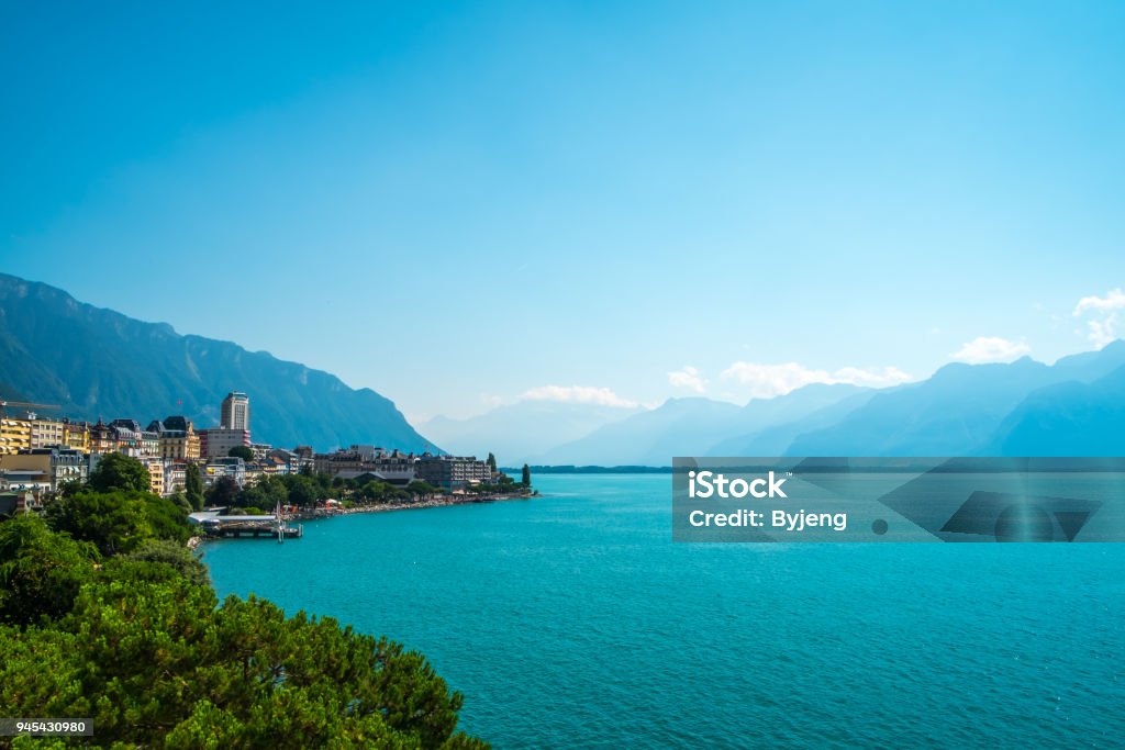 Lake Geneva and Swiss mountains Montreux, Switzerland, Mountain Range Lake Geneva Stock Photo