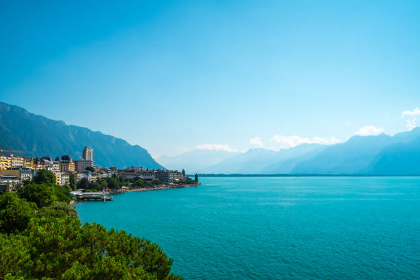 Lake Geneva and Swiss mountains Montreux, Switzerland, Mountain Range montreux stock pictures, royalty-free photos & images