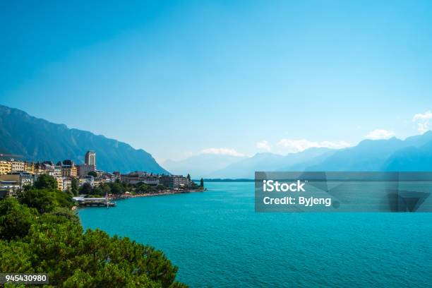 Lake Geneva And Swiss Mountains Stock Photo - Download Image Now - Lake Geneva, Switzerland, Montreux