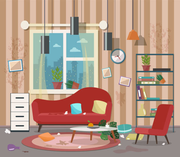 Dirty, cluttered, messy living room. Vector flat illustration. messy vs clean desk stock illustrations