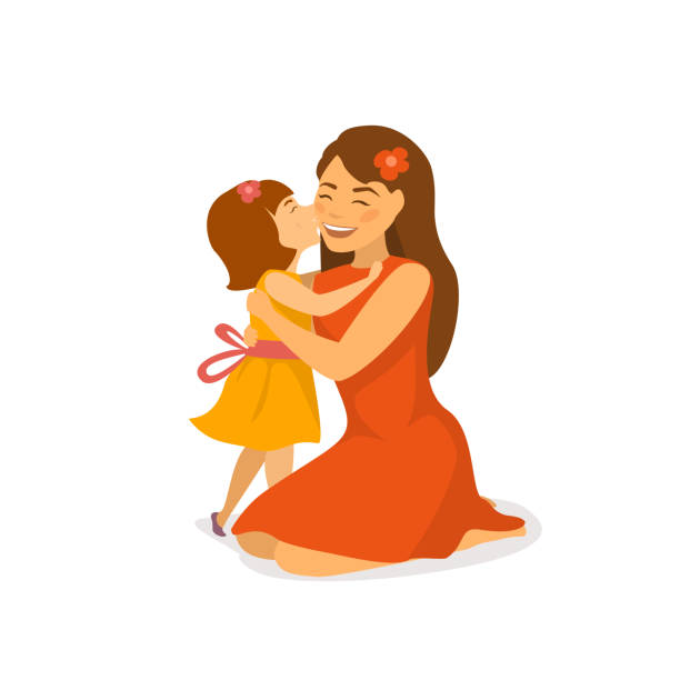 urocza córka całuje i przytula swoją mamę, dzień matki powitanie kreskówki ilustracja wektora odosobniona scena - kissing child family isolated stock illustrations