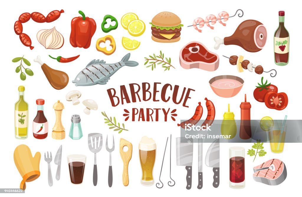 Isolated Barbecue Party Elements. Barbecue party icons set. Grilled fish, meat, chicken, prawns, drumstick, sausages, burger, peeper, drinks, sauces and condiments. Isolated elements. Vector illustration. Barbecue - Meal stock vector