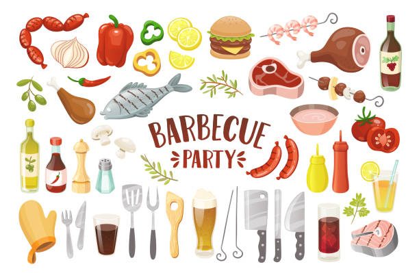 Isolated Barbecue Party Elements. Barbecue party icons set. Grilled fish, meat, chicken, prawns, drumstick, sausages, burger, peeper, drinks, sauces and condiments. Isolated elements. Vector illustration. barbecue meal illustrations stock illustrations