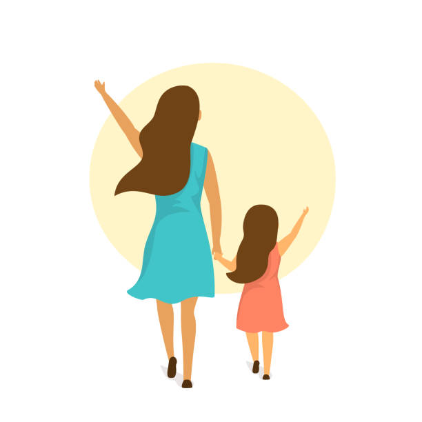 mother and daughter walking together holding hands, backside rear view isolated vector illustration scene mother and daughter walking together holding hands, backside rear view isolated vector illustration scene daughter stock illustrations