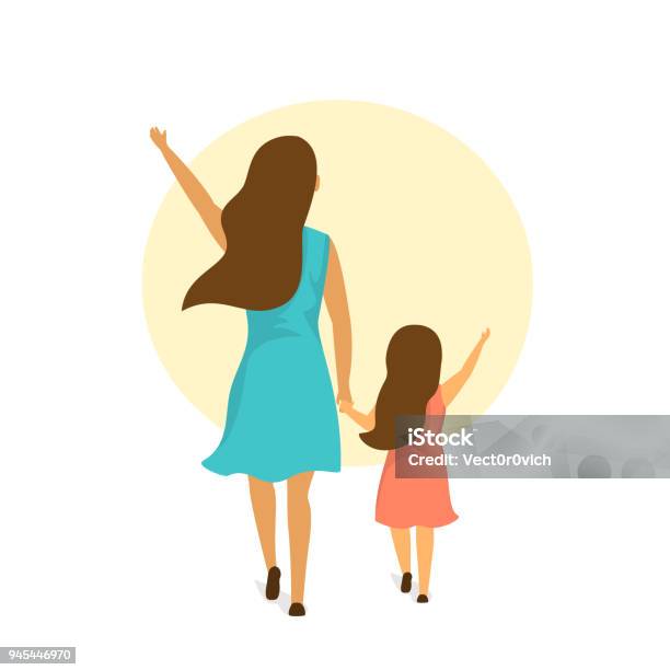 Mother And Daughter Walking Together Holding Hands Backside Rear View Isolated Vector Illustration Scene Stock Illustration - Download Image Now