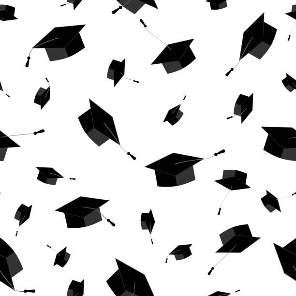 Graduation caps fly in the air. Seamless pattern. Vector illustration, black and white Graduation caps fly in the air in a moment of celebration. Seamless pattern. Vector illustration, black and white graduation designs stock illustrations