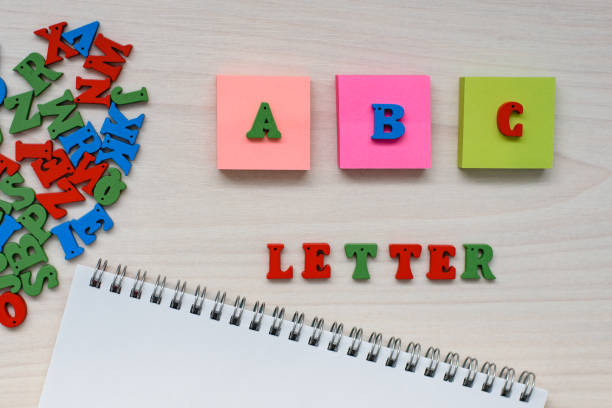 istock Developing accessories for children's creativity, album for drawing, eraser and inscriptions from multi-colored wooden letters ABC and letter on a wooden background 945450592