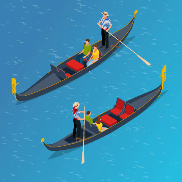 isometrische traditionelle gondel. gondel mit gondoliere und touristen in venedig, italien reisen. italienischen mann beruf - men gondolier people activity stock-grafiken, -clipart, -cartoons und -symbole